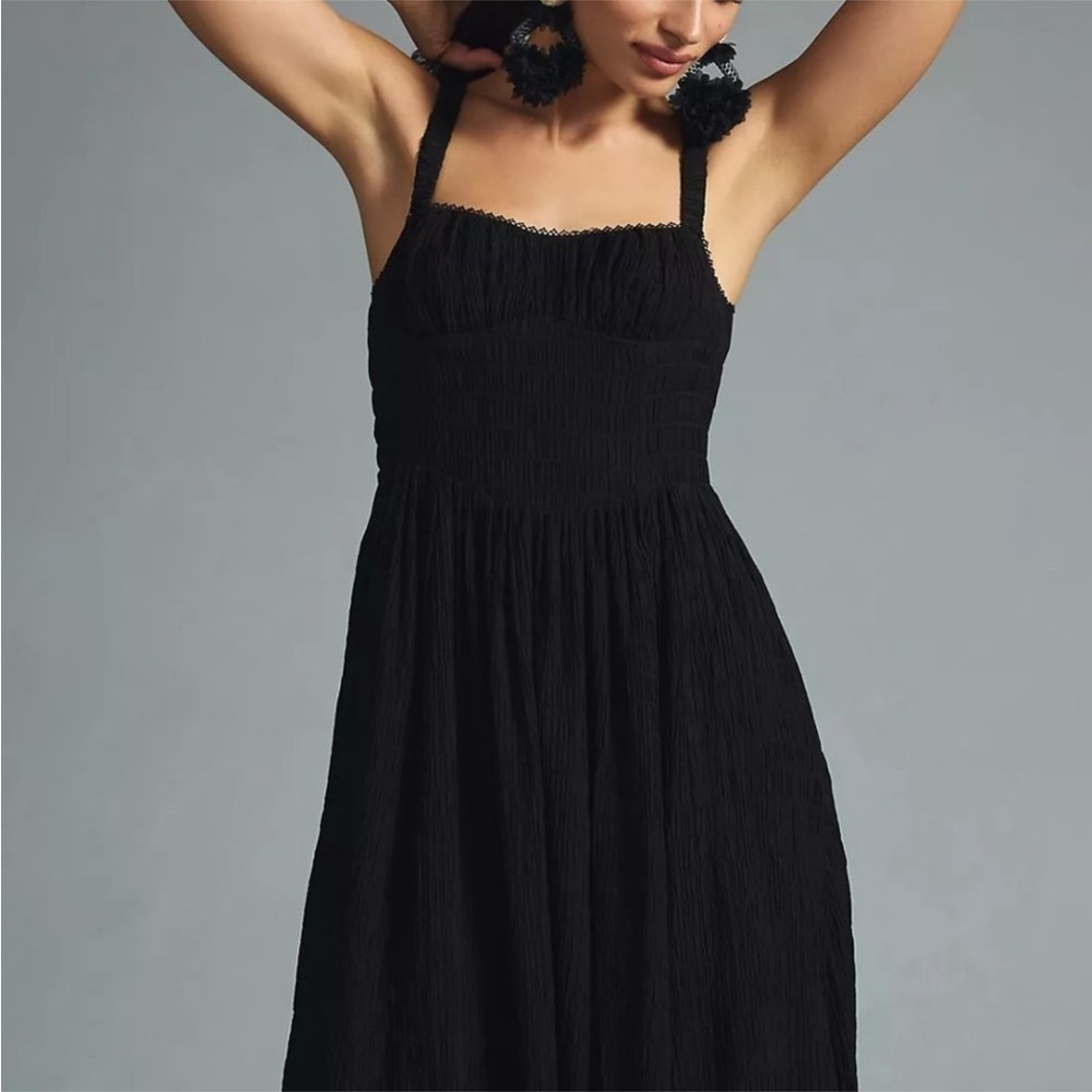 ANTHROPOLOGIE Black Smocked textured midi dress - Picture 9 of 16